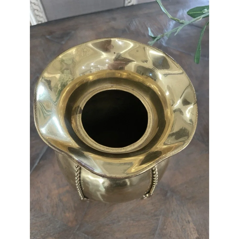 Vtg Hammered Brass Planter Urn Vase  Rope Tassel Design 10.25
